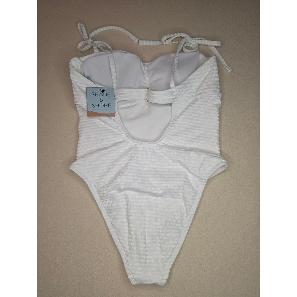 Shade & Shore Seersucker Bandeau One Piece Swimsuit White Large NWT